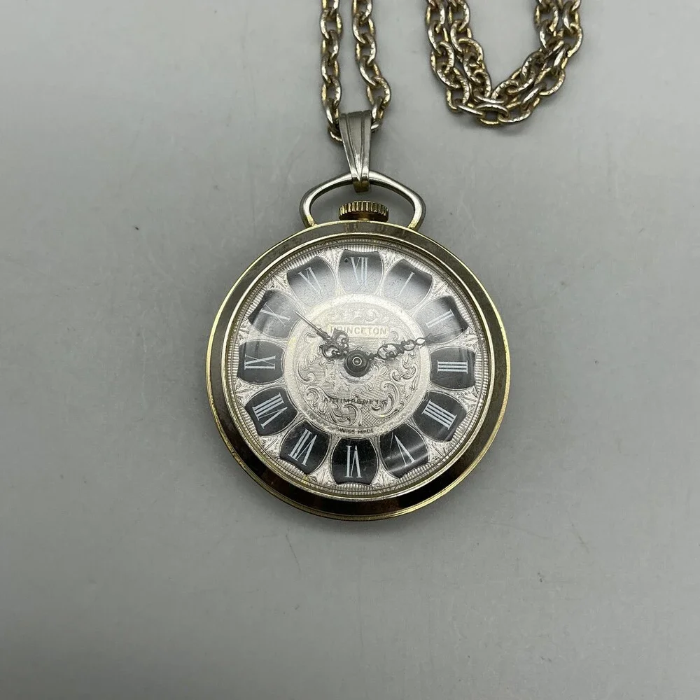 Vintage Benetton Pocket Watch Men 34mm Silver Tone Black Dial Manual Wind Chain